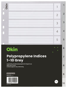 Okin A4 Polypropylene Indices Numbered 1-10 - Grey FPIF653