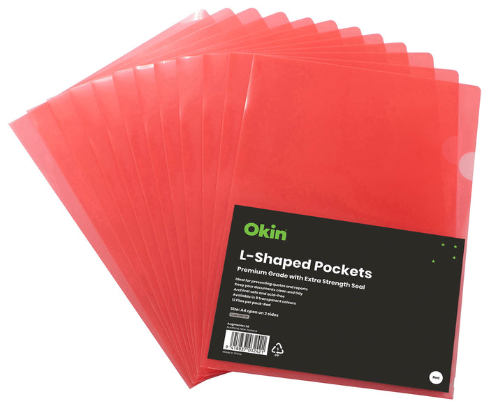 Okin A4 Red L Shaped Pockets 12's pack FPH101421