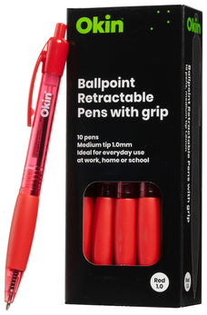 Okin Ballpoint Retractable Pen with Grip Medium Tip Red Pens x 10's pack FPIBPRGRED