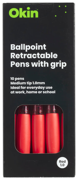 Okin Ballpoint Retractable Pen with Grip Medium Tip Red Pens x 10's pack FPIBPRGRED