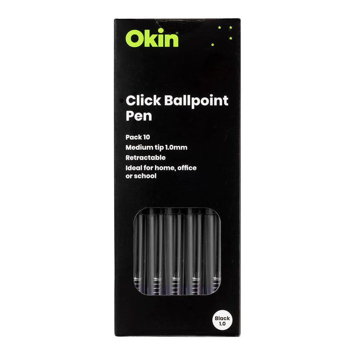 Okin Click Ballpoint Pen, Medium, Black, Pack of 10 FPOBPCBLK10