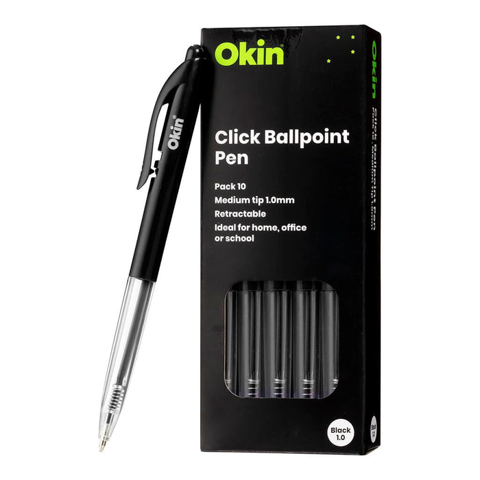 Okin Click Ballpoint Pen, Medium, Black, Pack of 10 FPOBPCBLK10