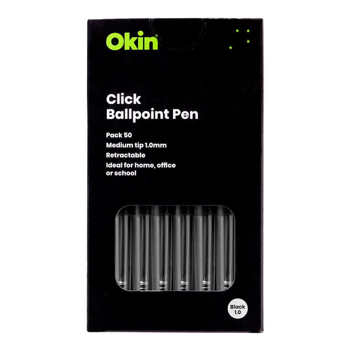 Okin Click Ballpoint Pen, Medium, Black, Pack of 50 FPOBPCBLK50
