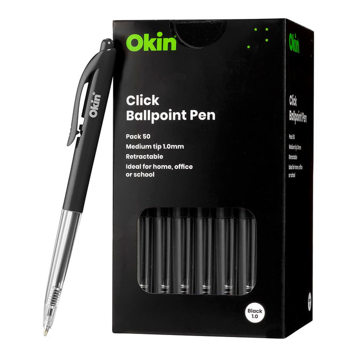 Okin Click Ballpoint Pen, Medium, Black, Pack of 50 FPOBPCBLK50