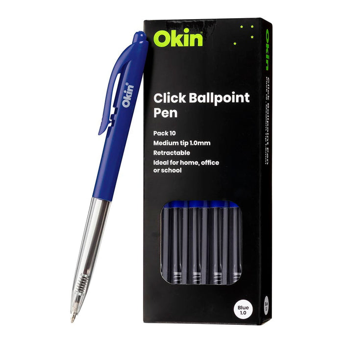 Okin Click Ballpoint Pen, Medium, Blue, Pack of 10 FPOBPCBLUE10