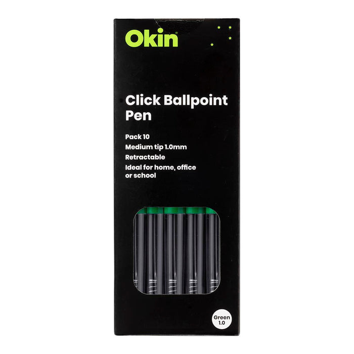 Okin Click Ballpoint Pen, Medium, Green, Pack of 10 FPOBPCGRN10