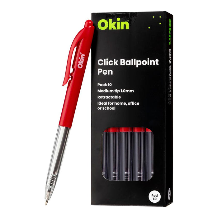 Okin Click Ballpoint Pen, Medium, Red, Pack of 10 FPOBPCRED10