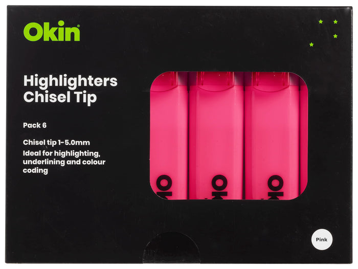 Okin Highlighter Chisel Tip Pink x 6's pack FPIHLPINK