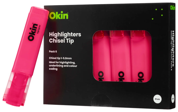 Okin Highlighter Chisel Tip Pink x 6's pack FPIHLPINK