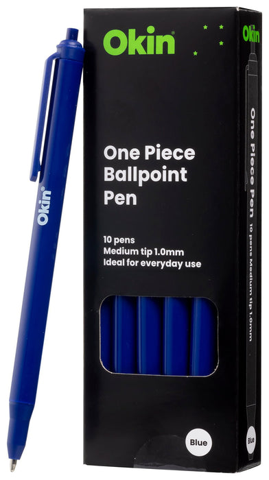 Okin One Piece Ballpoint Pen, 1.0mm Medium Tip, Retractable, Blue, 10's pack FPIBP1PBLUE