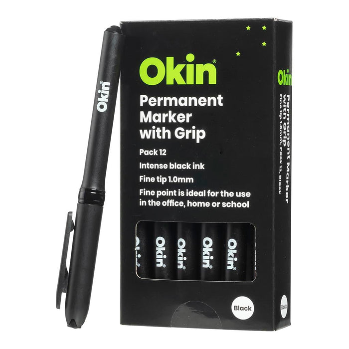 Okin Permanent Marker with Grip, 1.0mm Fine Bullet Tip, Black, Pack of 12 FPIPMGFBLK
