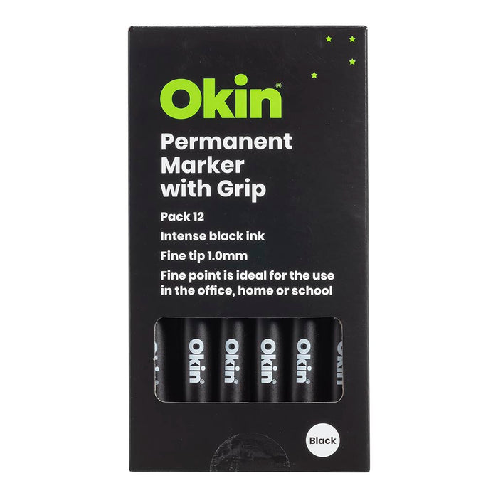 Okin Permanent Marker with Grip, 1.0mm Fine Bullet Tip, Black, Pack of 12 FPIPMGFBLK