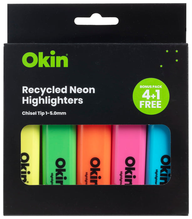 Okin Recycled Chisel Tip Neon Highlighter, 4+1 Bonus Pack FPIHLRASSTNB