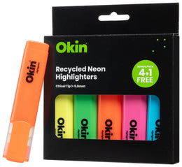 Okin Recycled Chisel Tip Neon Highlighter, 4+1 Bonus Pack FPIHLRASSTNB