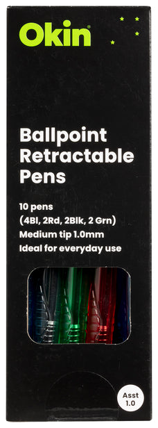 Okin Retractable Medium Tip Ballpoint Pen x 10's pack – Assorted Colours FPIBPRASST10