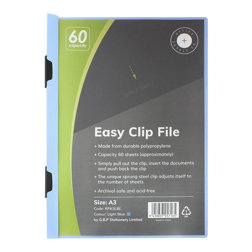 OSC A3 Clip Easy 60 Sheets File Light Blue | Document Wallets ...