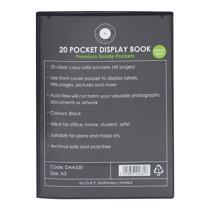 OSC A3 Insert Cover 20 Pocket Display Book, Black Cover FPDAA320