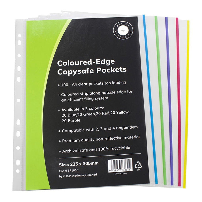 OSC A4 Assorted Colour Copysafe Pockets, Pack of 100 FPSP100C