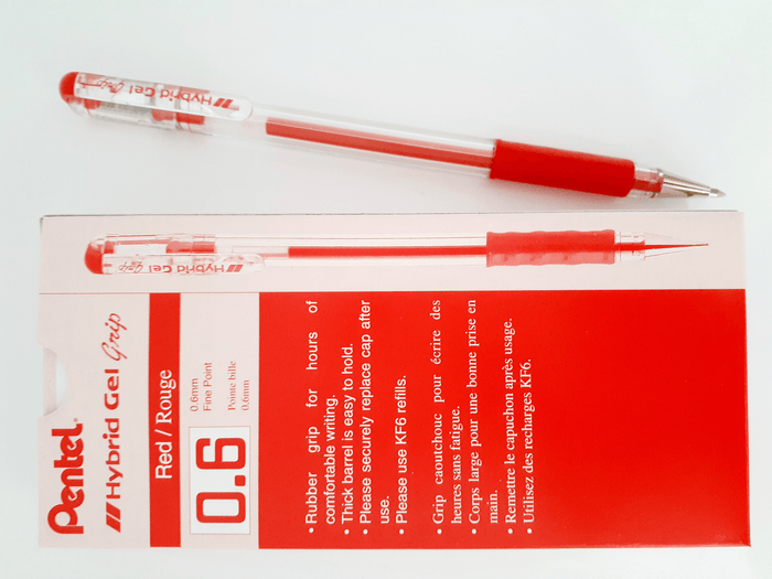 Pentel K116 Hybrid Gel Grip Roller Pen 0.6mm Red - Pack of 12 AOK116-B