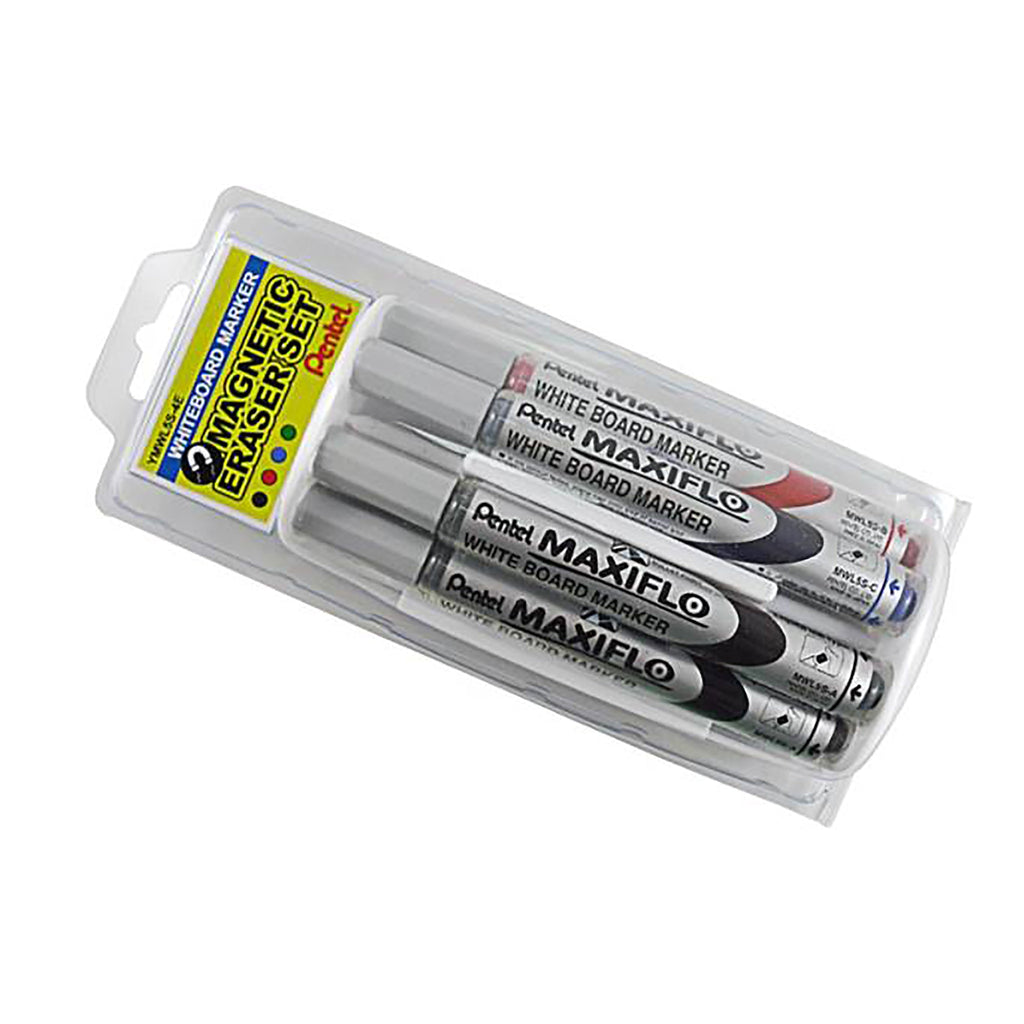 Pentel Maxiflo Whiteboard Marker Fine Tip 4's plus Whiteboard Eraser