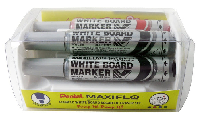 Pentel Maxiflo Whiteboard Marker Fine Tip 4's plus Whiteboard Eraser AOYMWL5-4E