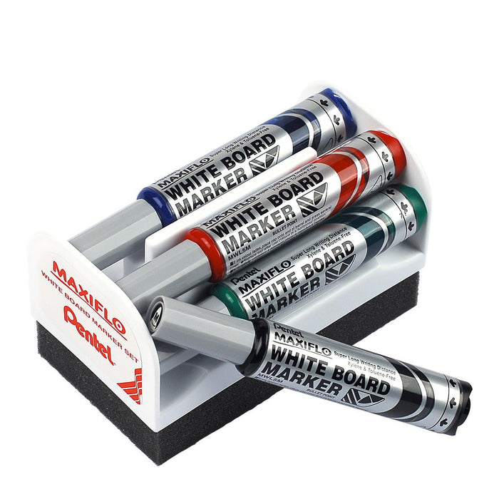 Pentel Maxiflo Whiteboard Marker Fine Tip 4's plus Whiteboard Eraser AOYMWL5-4E