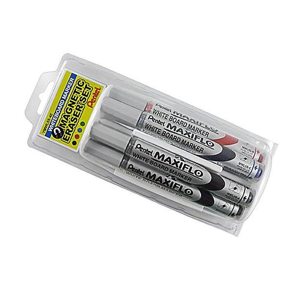 Pentel Maxiflo Whiteboard Marker Fine Tip 4's plus Whiteboard Eraser AOYMWL5-4E
