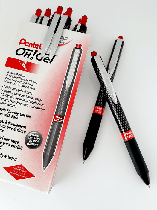 Pentel Oh Gel Gell Roller Pen Retractable K497 0.7mm Red - Pack of 12 AOK497-B