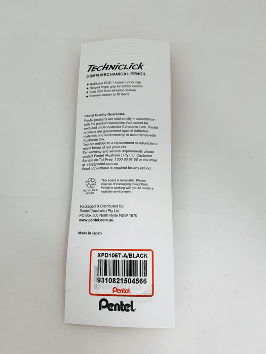 Pentel Techniclick Mechanical Pencil PD105T Clear Barrel 0.5mm Black Clip AOXPD105T-A