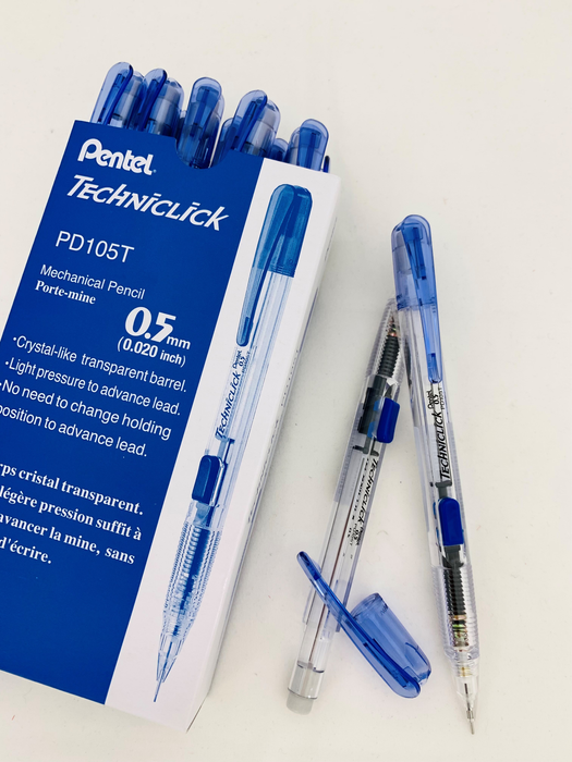 Pentel Techniclick Mechanical Pencil PD105T Clear Barrel 0.5mm Blue Clip - Pack of 12 AOPD105T-C