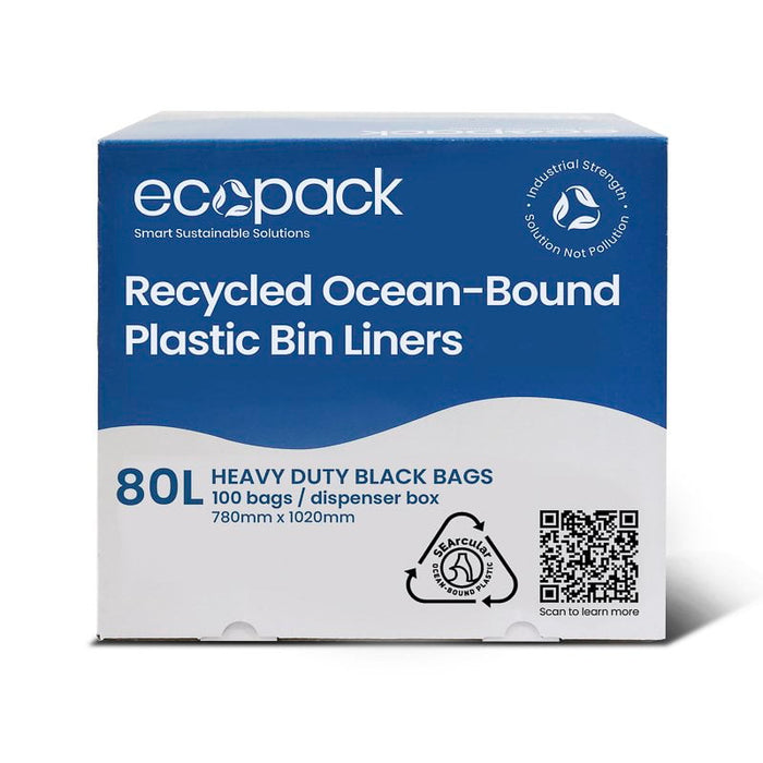 Plastic Bin Liner in Dispenser Box 80L Ocean/Recycled, Black, 2 Boxes x 100's (200 bags) ECOC-5580