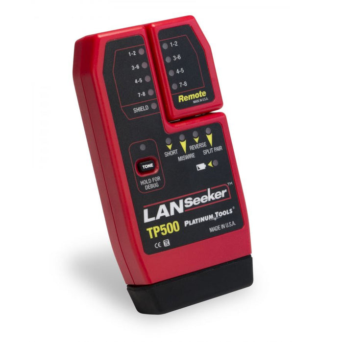 PLATINUM TOOLS LANSeeker Cable Tester & Tone Generator. Identify shorts, opens, miswires, reversed and split pairs. Auto on/off by detecting connected cable. Self stored remote unit. CDTP500C