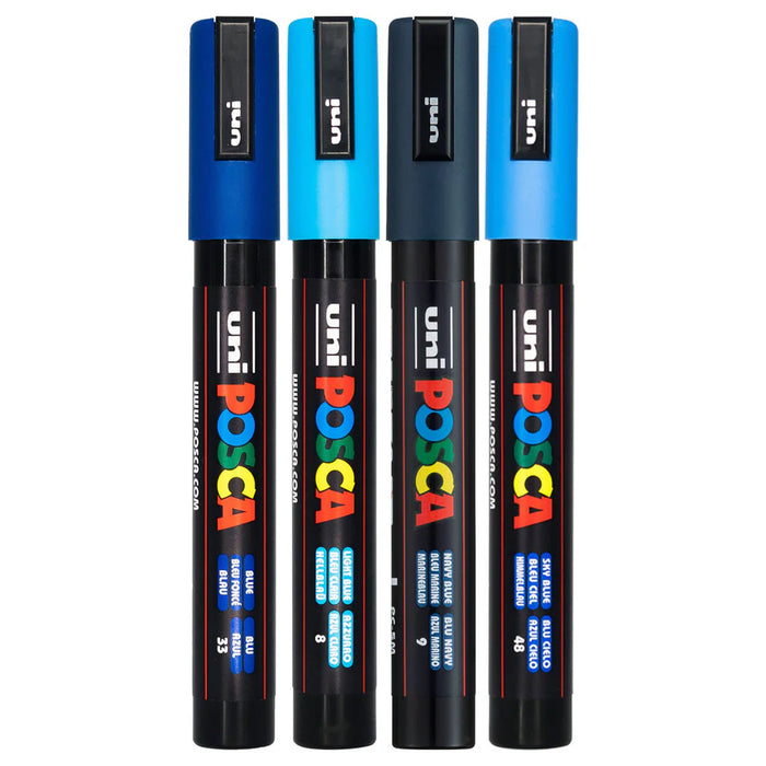 Uni Posca Paint Marker Set, PC-5M, Pack of 4 Shades of Blue, PC5M4PSHBL, Medium Bullet Tip, 1.8-2.5mm