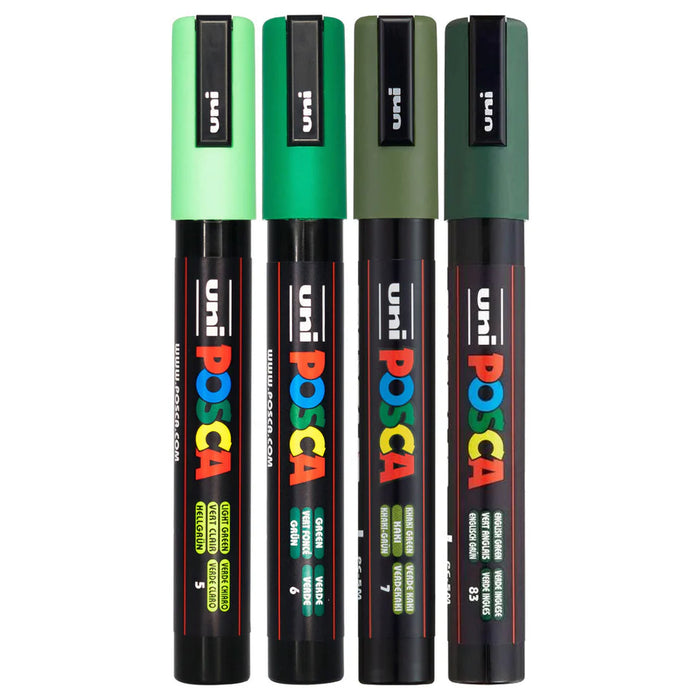 Uni Posca Paint Marker Set, PC-5M, Pack of 4 Shades of Green, PC5M4PSHGN, Medium Bullet Tip, 1.8-2.5mm