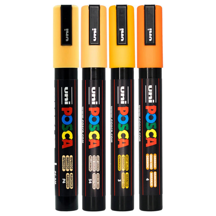 Uni Posca Paint Marker Set, PC-5M, Pack of 4 Shades of Orange, PC5M4PSHOR, Medium Bullet Tip, 1.8-2.5mm