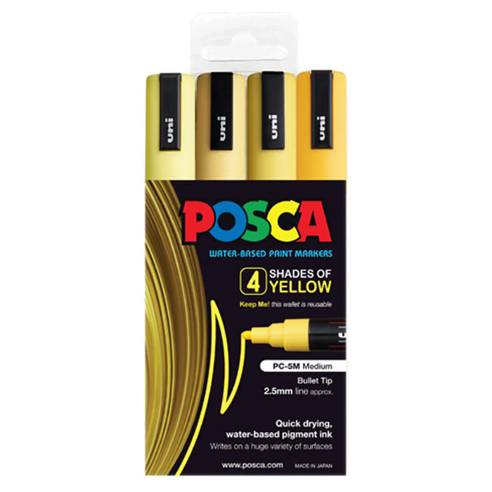 Uni Posca Paint Marker Set, PC-5M, Pack of 4 Shades of Yellow, PC5M4PSHY, Medium Bullet Tip, 1.8-2.5mm