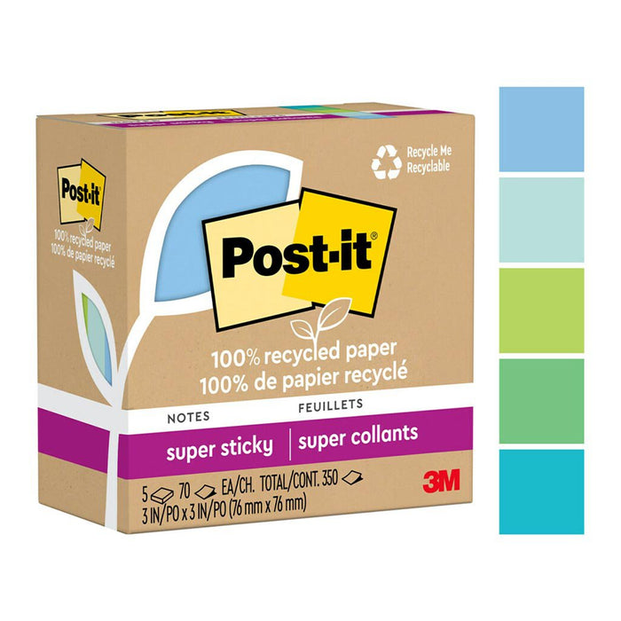 Post-it Recycled Super Sticky Notes 76x76mm, Oasis,  Pack of 5 x 100 sheets (654R-5SST) FP10973