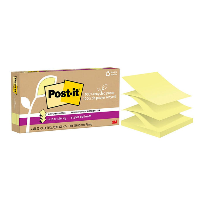 Post-it Recycled Super Sticky Pop Up Notes 76x76mm, Yellow, Pack of 6 x 100 sheets (R330R-6SSCY) FP10974