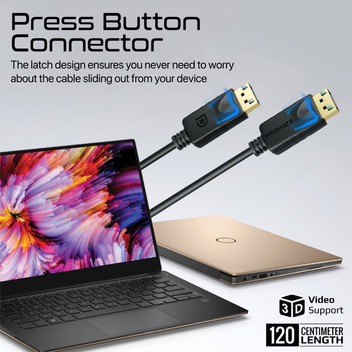 PROMATE 1.2m 1.4 DisplayPort Cable. Supports HD up to 8K@60Hz. Supports 32.4Gbps Data Transfer Speeds. Built-in Secure Clip Lock. Supports Dynamic HDR & 3D Video. Black Colour. CDDPLINK-120