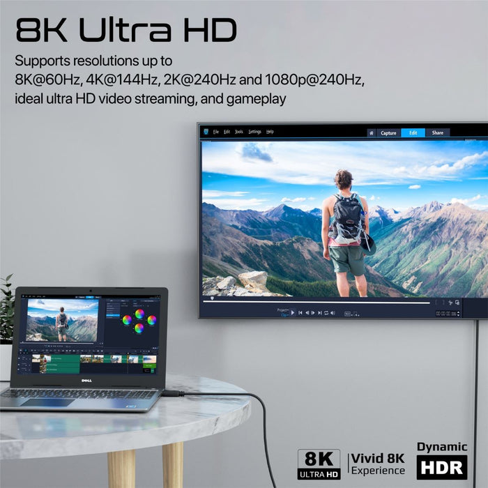 PROMATE 1.2m 1.4 DisplayPort Cable. Supports HD up to 8K@60Hz. Supports 32.4Gbps Data Transfer Speeds. Built-in Secure Clip Lock. Supports Dynamic HDR & 3D Video. Black Colour. CDDPLINK-120