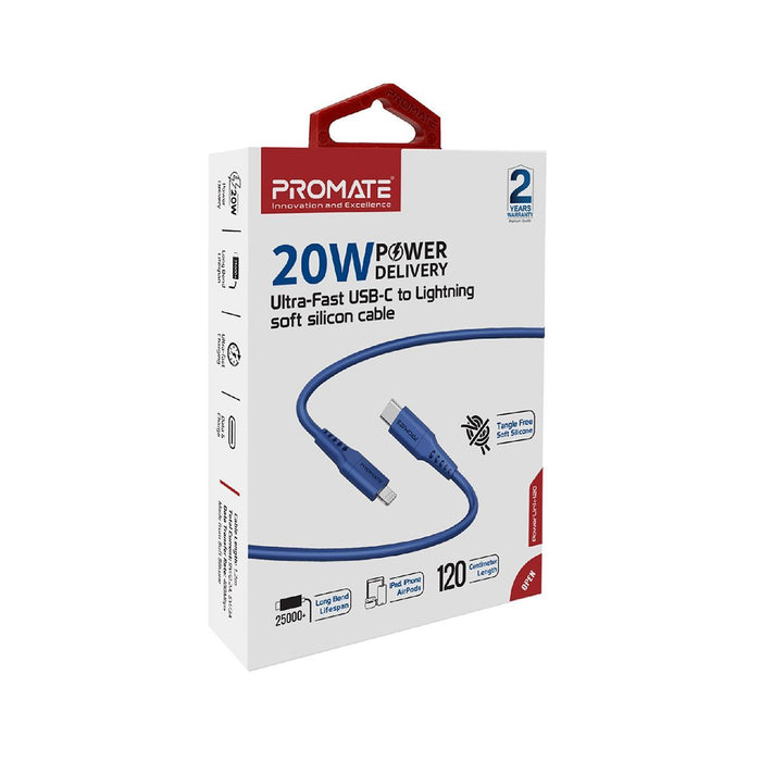 Promate 1.2m 20W USB-C to Lightning Charge & Sync Cable, With Power Delivery, For iPhone, iPad, & iPad Mini, Blue CDPOWERLINK-120.BL