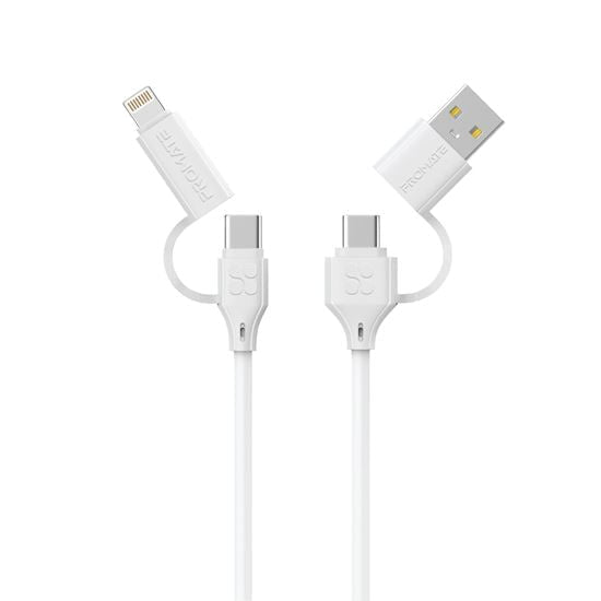 Promate 1.2m 60W 4-in-1 Braided Cable with USB-C, Lightning, USB-A Interchangeable Connectors, 480Mbps, White CDQUADCORD-PD60WHT