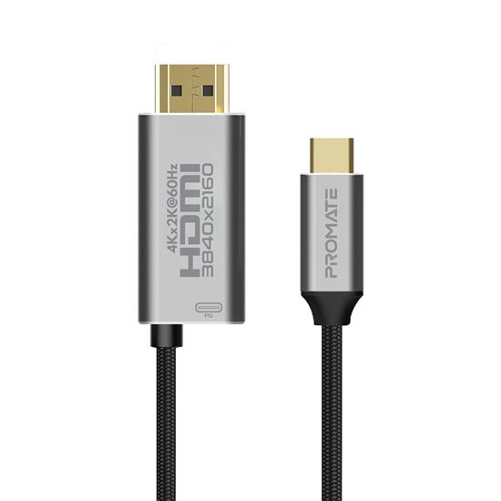 Promate 1.8m USB-C Fabric Braided Cable to 4K HDMI, 60W Power Delivery, Up to 4K@60Hz, Gold Plated Connectors, Aluminum Alloy Shell CDHDMI-PD60