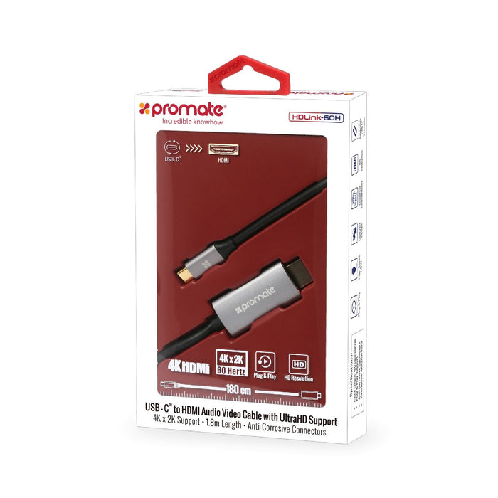 Promate 1.8m USB-C to HDMI Cable Premium Audio Video Ultra HD, Gold Plated Connectors, Up to 4K@60Hz, Grey CDHDLINK-60H.GRY