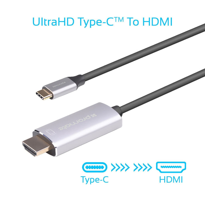 Promate 1.8m USB-C to HDMI Cable Premium Audio Video Ultra HD, Gold Plated Connectors, Up to 4K@60Hz, Grey CDHDLINK-60H.GRY