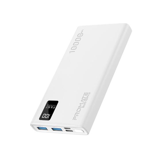 PROMATE 10000mAh Power Bank with Smart LED Display & Super Slim Design. Includes 2x USB-A & 1x USB-C Ports. 2A (Shared) Charging. Auto Voltage Regulation. Charge 3x Devices. White Colour. CDBOLT-10PROWH