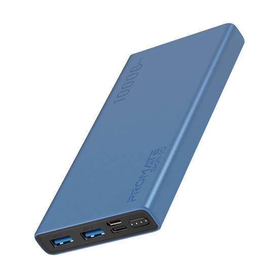 Promate 10000mAh Smart Charging Power Bank, Dual USB, USB-C, Micro-USB, Compatible with All Smart Phones & Tablets, Blue CDBOLT-10.BL