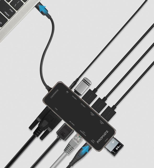 Promate 11-in-1 USB Multi-Port Hub with USB-C Connector, 100W, 4K HDMI Port, 1080 VGA, Dual Display Port, RJ45 Port, USB-A 3.0/2.0 Ports, AUX, SD/TF Card Slots, Grey CDPRIMEHUB-PRO.GRY