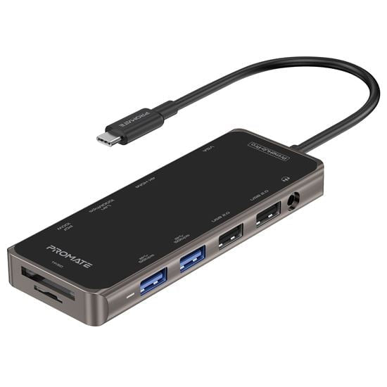 Promate 11-in-1 USB Multi-Port Hub with USB-C Connector, 100W, 4K HDMI Port, 1080 VGA, Dual Display Port, RJ45 Port, USB-A 3.0/2.0 Ports, AUX, SD/TF Card Slots, Grey CDPRIMEHUB-PRO.GRY