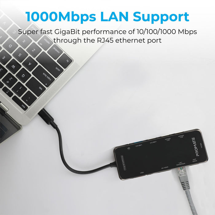 Promate 11-in-1 USB Multi-Port Hub with USB-C Connector, 100W, 4K HDMI Port, 1080 VGA, Dual Display Port, RJ45 Port, USB-A 3.0/2.0 Ports, AUX, SD/TF Card Slots, Grey CDPRIMEHUB-PRO.GRY